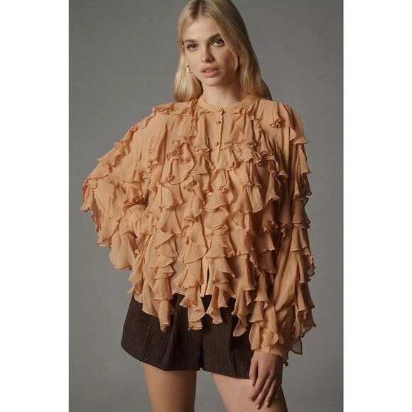 Anthropologie Peach Sheer Ruffle Button Down Blouse NWT Size XS - Picture 1 of 13